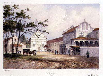 Statens hus i Malacka, graverad av Alfred Leon Lemercier, ca 1840 (handfärgad litho) av Barthelemy (after) Lauvergne