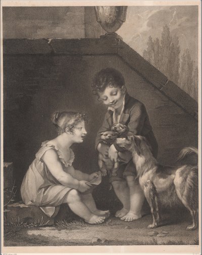 Två barn med hundar Åh, les jolis petits chiens av Barthélémy Joseph Fulcran Roger