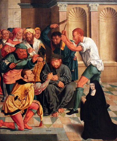 Tyska: Dornenkrönung Christi mit kniender Benediktinerin als Stifterin Kristus törnekronad med knäböjande benediktinnunna som givare av Bartholomaeus Bruyn the Elder