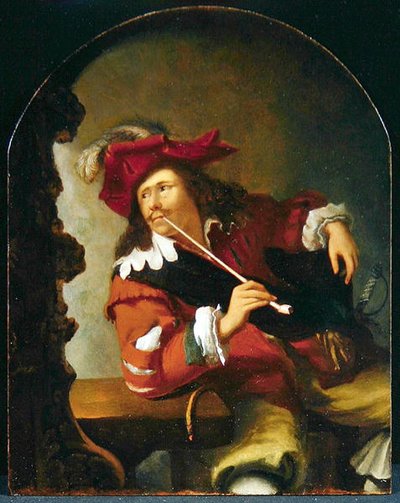 En ung man sitter vid ett bord och röker pipa medan han tittar in i en spegel (olja på panel) av Bartholomaus Maton