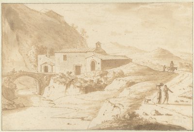 Kuperat landskap med ett kapell vid en bro av Bartholomeus Appelman