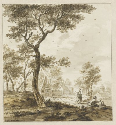 Landskap med figurer och en sportfiskare till höger av Bartholomeus Barbiers