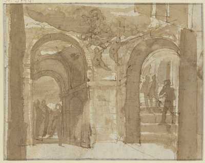 Antikt valv med trappa och flera figurer, ovanför svävar Maria med änglar av Bartholomeus Breenbergh