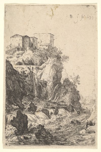 Kaskader nära Ponte della Trave, med byggnader på en klipphäll ovanför, från serien ..., 1639. av Bartholomeus Breenbergh