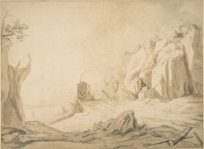 Landskap med en väg nedanför klippor nära Bracciano av Bartholomeus Breenbergh
