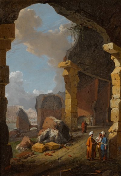Romerska ruiner med turbanprydda figurer av Bartholomeus Breenbergh
