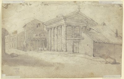 Gata med antikt tempel i jonisk ordning, numera en kristen kyrka med tillagd pelarrad av Bartholomeus Breenbergh
