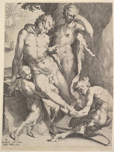 Oreads som tar bort en tagg från en satyrfot, 1590 av Bartholomeus Spranger