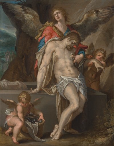 Kristi kropp stödd av änglar av Bartholomeus Spranger
