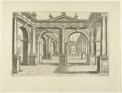 Byggnad med dubbelbåge i mitten i dorisk stil Perspektiv, del 2 (serietitel) av Bartholomeus Willemsz. Dolendo