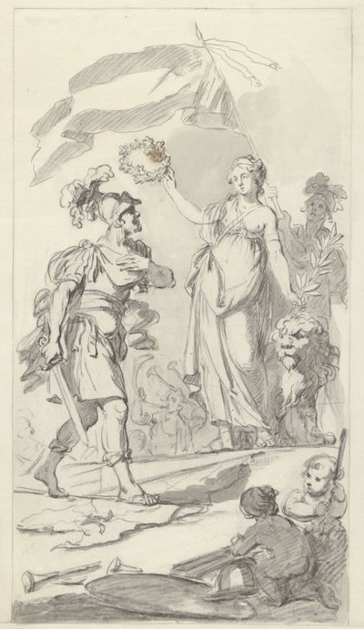 Den tappra bataven krönt av den holländska jungfrun, 1799 Design för monumentet på den nationella festivalen som firar freden den 17 december 1799 (serietitel) av Bartholomeus Ziesenis