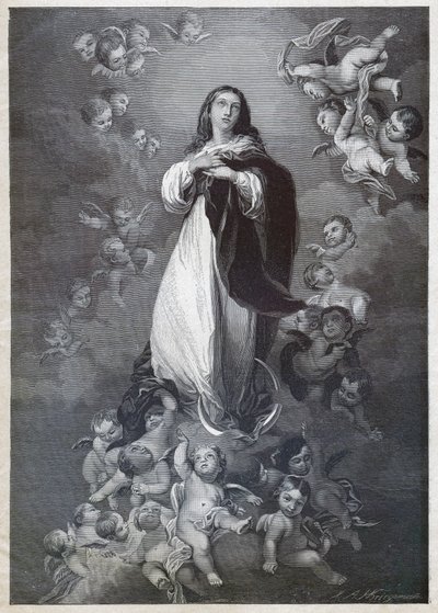 Obefläckad befruktning. (gravyr, cirka 1900) av Bartolome Esteban (after) Murillo