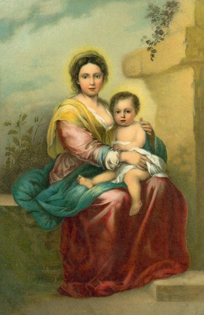 Jungfrun med barnet (chromolitho) av Bartolome Esteban (after) Murillo