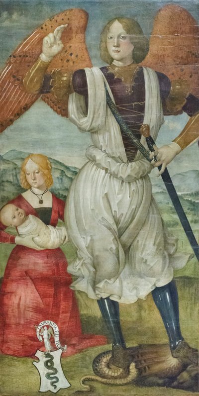 Ärkeängeln Sankt Mikael med Teodora Visconti och den nyfödde sonen, ca 1486-87 (tempera på pannå) av Bartolomeo (attr. to) Della Gatta