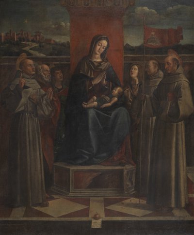 Virgin and Child Enthroned with Six Saints, c.1500 (olja på duk) av Bartolomeo (attr. to) Montagna