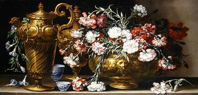 Stilleben med pinker i en låda och en florentinsk kanna på en kant (olja på duk) av Bartolomeo Bimbi