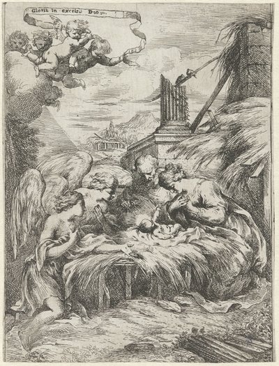 Tillbedjan av Maria, Josef och änglar av Bartolomeo Biscaino