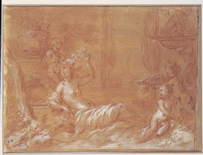 Liggande nymf i en trädgård med fontän, vas och tre amoriner av Bartolomeo Biscaino