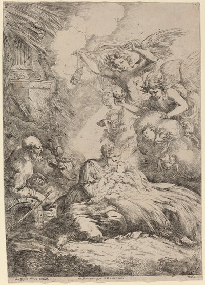 Den heliga familjen älskad av änglar (The Large Nativity) av Bartolomeo Biscaino