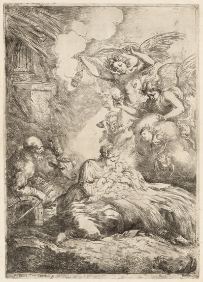 The Holy Family Adored by Angels The Large Nativity, ca. 1655. av Bartolomeo Biscaino