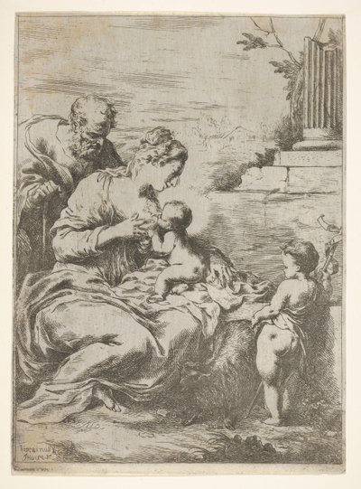 Den heliga familjen med spädbarnet Johannes Döparen till höger, 1650-57. av Bartolomeo Biscaino
