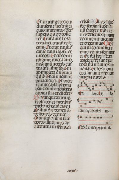 Missale: Fol. 128v: innehåller musik för Hely Hely Lama etc. inom St. Mattion Passion, 1469. av Bartolomeo Caporali