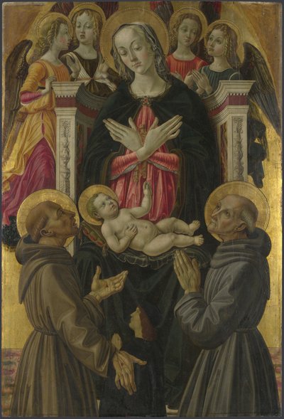 Jungfrun och barnet med heliga, änglar och en donator från altartavlan: Jungfrun och barnet med heliga, ca 1475 av Bartolomeo Caporali