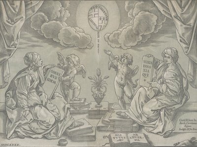 Allegori av en avhandling, två kvinnor håller inskrivna tavlor, 1640. av Bartolomeo Coriolano