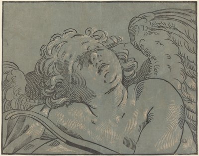 Cupid sover av Bartolomeo Coriolano after Guido Reni