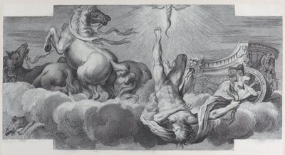 Plåt 34: Auriga, vagnföraren, faller från vagnen i mitten, med tre hästar vid l..., 1756. Skapare: Bartolomeo Crivellari, Gabriel Söderling. av Bartolomeo Crivellari, Gabriel Söderling
