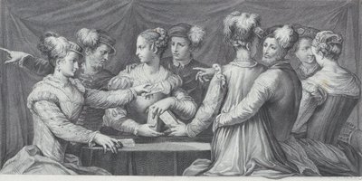 En grupp elegant klädda personer som spelar kort, 1740-68 av Bartolomeo Crivellari
