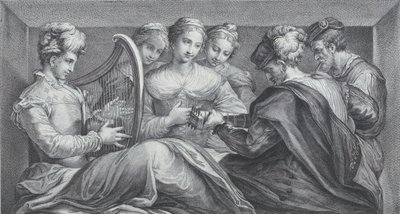 En grupp elegant klädda människor som spelar harpa och gitarr, 1740-68 av Bartolomeo Crivellari