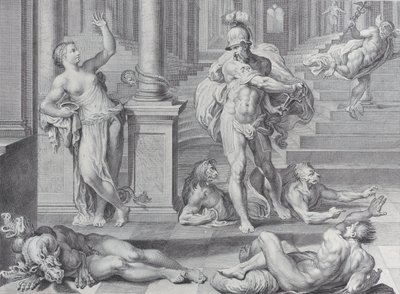 Plåt 10: Ulysses tvingade Circe att återställa sina följeslagares mänskliga former, som hon hade ..., 1756 av Bartolomeo Crivellari