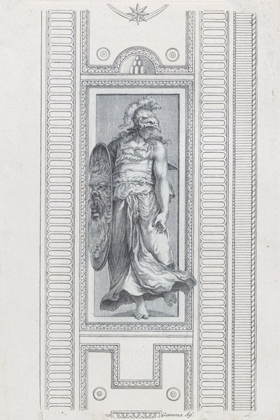 Skylt 15: mytologisk figur som bär en hjälm och håller en sköld, 1756 av Bartolomeo Crivellari