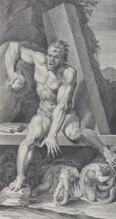 Plåt 7: den förblindade Polyfemos, som vaktar ingången till sin grotta, med Ulysses och hans..., 1756 av Bartolomeo Crivellari