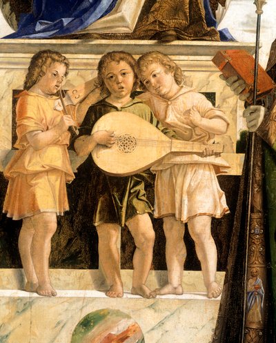 Madonna och barn tronade med de heliga Johannes Döparen, Bartolomeus och Sebastian, av Bartolomeo Cincani känd som Il Montagna (1450-1523). Detalj. av Bartolomeo Montagna