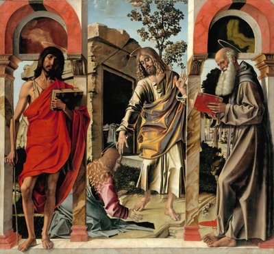 Den uppståndne Kristus med Maria Magdalena och de heliga Johannes Döparen och Hieronymus, ca. 1492 av Bartolomeo Montagna