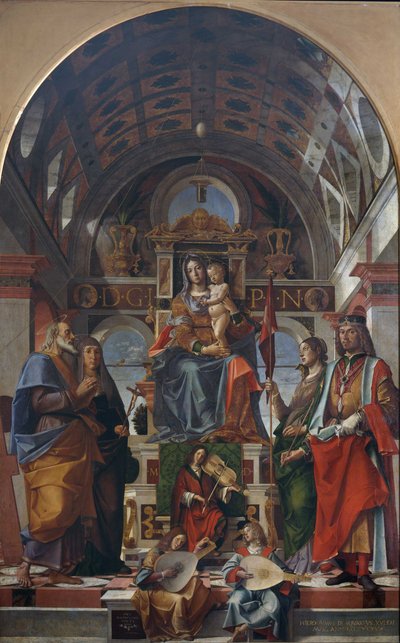 Jungfrun och barnet tronade med helgon och änglar som gör musik, 1499. av Bartolomeo Montagna