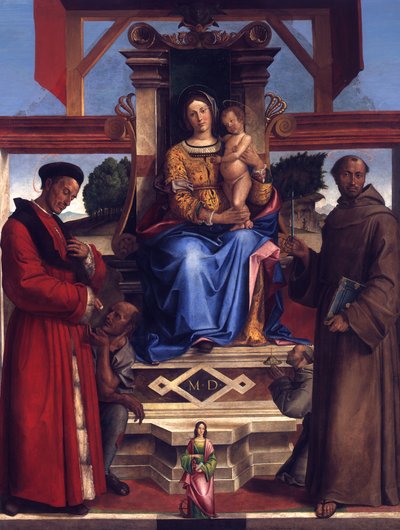 Den tronande Maria med barnet, de heliga Homobonus, Franciskus av Assisi, Katarina av Alexandria och donatorn Bernadino da Feltre (d. 1494) av Bartolomeo Montagna