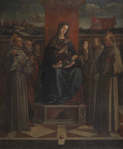 Jungfru och barn tronade med sex heliga, ca 1500 av Bartolomeo Montagna