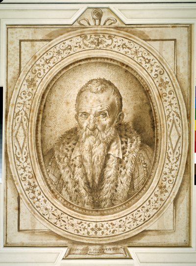 Självporträtt i ålderdom, med simulerad inramning (penna & brunt bläck på papper) av Bartolomeo Passarotti