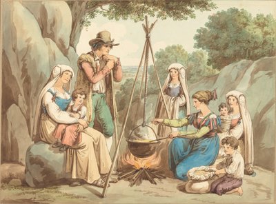 En bondfamilj lagar mat över en lägereld av Bartolomeo Pinelli