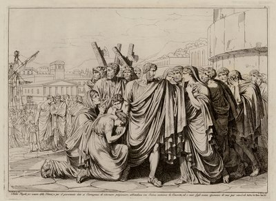 Atilius Regulus förbereder sig för att lämna Rom för att återvända till fångenskapen i Kartago (etsning) av Bartolomeo Pinelli