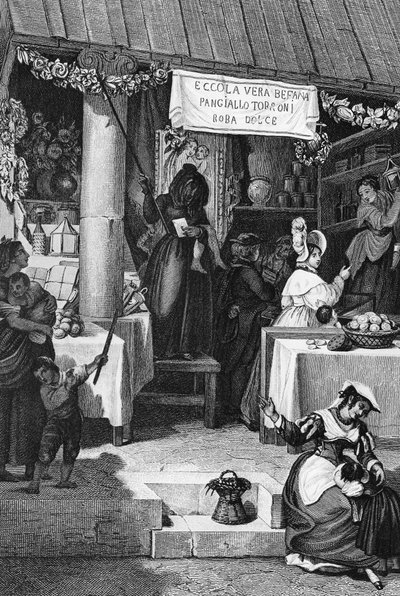 Befana (italiensk julhäxa), stånd som säljer godis och nougat på Piazza Navona under trettondedagen, Rom, gravyr av Bartolomeo Pinelli av Bartolomeo Pinelli