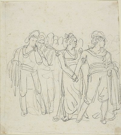 Brigadchef hålls tillbaka av en kvinna (recto); Skiss till två figurer i ett landskap (verso) av Bartolomeo Pinelli
