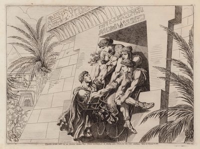 Kleopatra och hennes följeslagare lyfter in den döende Marcus Antonius i sin grav (etsning) av Bartolomeo Pinelli