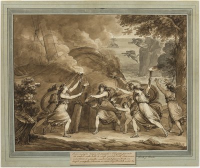 Cupid råder Calypso att sätta eld på mentors skepp, från Telemachos äventyr, bok 7 av Bartolomeo Pinelli