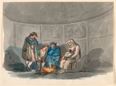 Teckning, En familj herdar på natten, 1807-08 av Bartolomeo Pinelli
