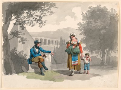 Teckning, En kvinna som håller en pojke i handen passerar en gentleman som sitter bland ruiner i Campagna, 1807 av Bartolomeo Pinelli