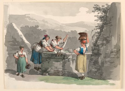 Teckning, Tvätt i bergen i närheten av Rom, 1807-08 av Bartolomeo Pinelli